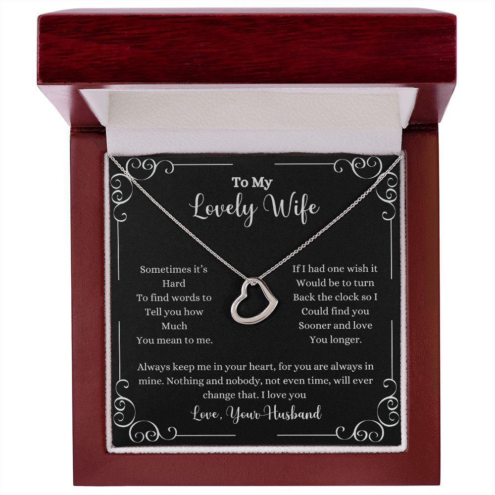 A ShineOn Fulfillment gift box with the I Love You Delicate Heart Necklace - Gift for Wife from Husband that says "to my lovely wife".