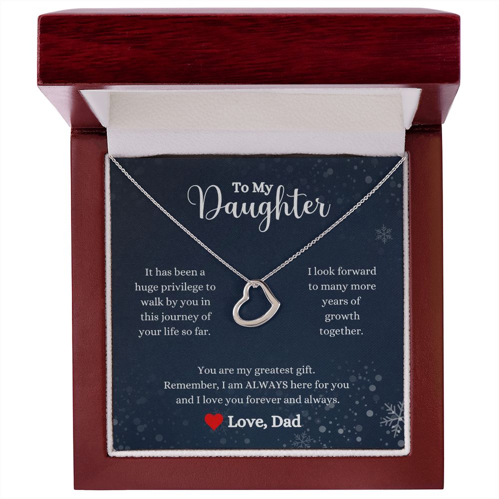 A ShineOn Fulfillment gift box with the I Love You Forever And Always Delicate Heart Necklace - Gift for Daughter from Dad and a message to my daughter.