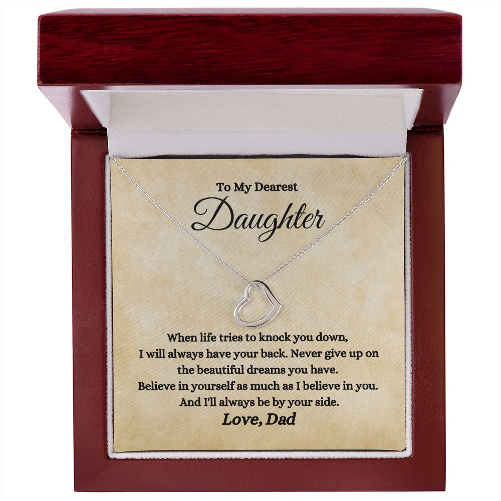 A ShineOn Fulfillment gift box with the "I will always be by your side Delicate Heart Necklace - For Daughter from Dad" and a poem for a daughter.