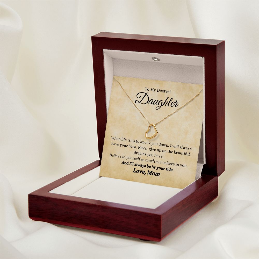 A wooden box with the I Will Always By Your Side Delicate Heart Necklace- Gift for Daughter from Mom by ShineOn Fulfillment in it.