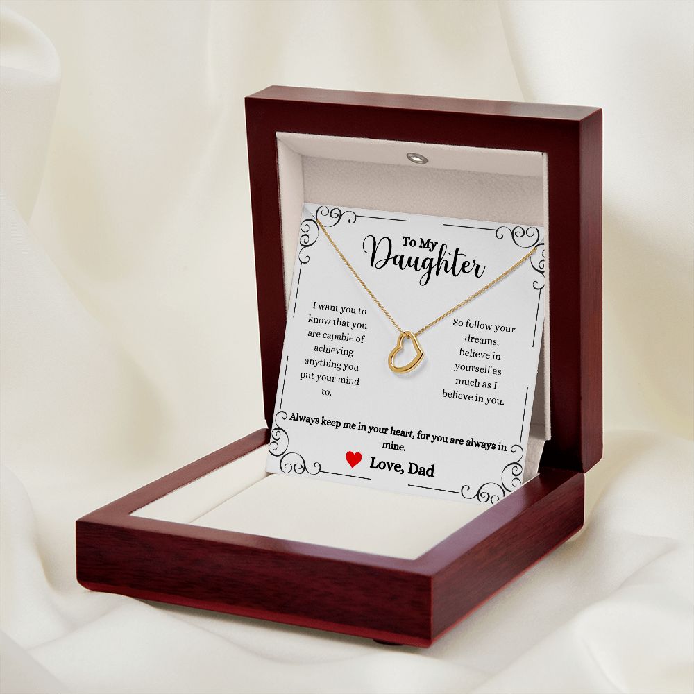 A wooden box with the Always Keep Me In Your Heart Delicate Heart Necklace- Gift for Daughter from Dad and a poem on it, by ShineOn Fulfillment.