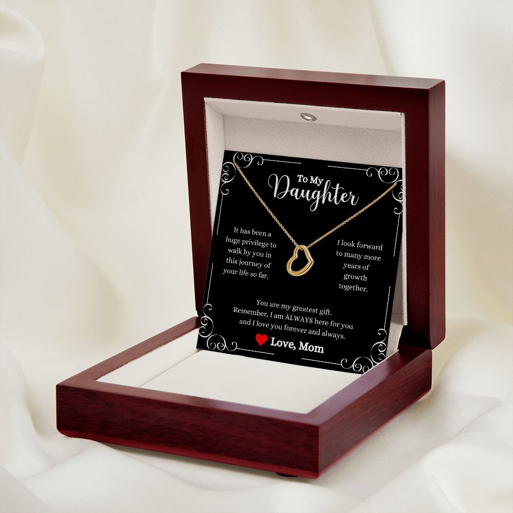 A ShineOn Fulfillment gift box with the "I Love You Forever And Always Delicate Heart Necklace - Gift for Daughter from Mom" and a message on it.