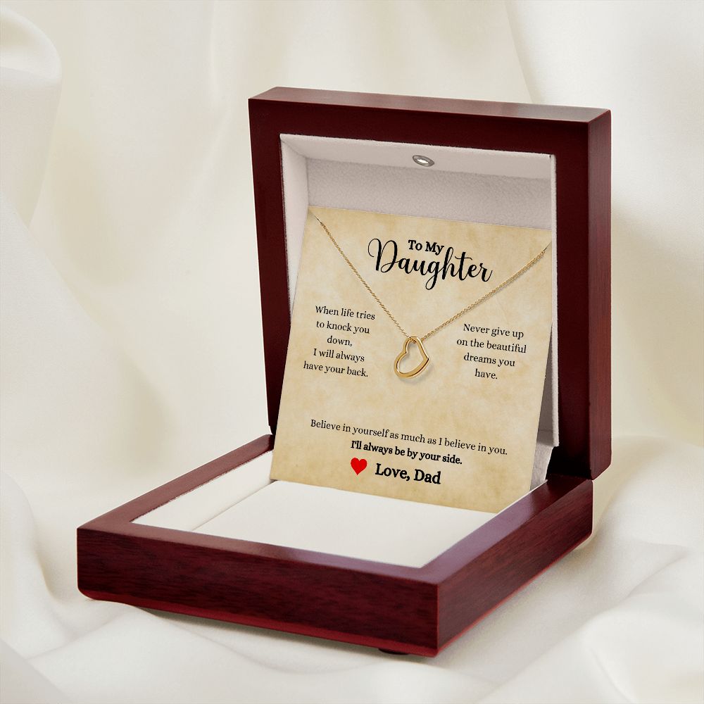 A wooden box with the I'll Always Be By Your Side Delicate Heart Necklace - Gift for Daughter from Dad by ShineOn Fulfillment in it.