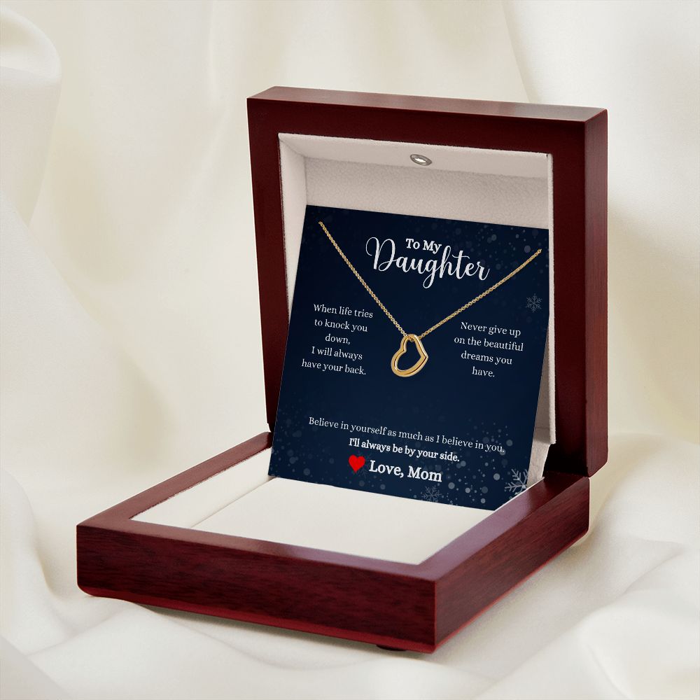 A ShineOn Fulfillment gift box with the "I'll Always Be By Your Side Delicate Heart Necklace - Gift for Daughter from Mom" necklace and a card for a daughter.