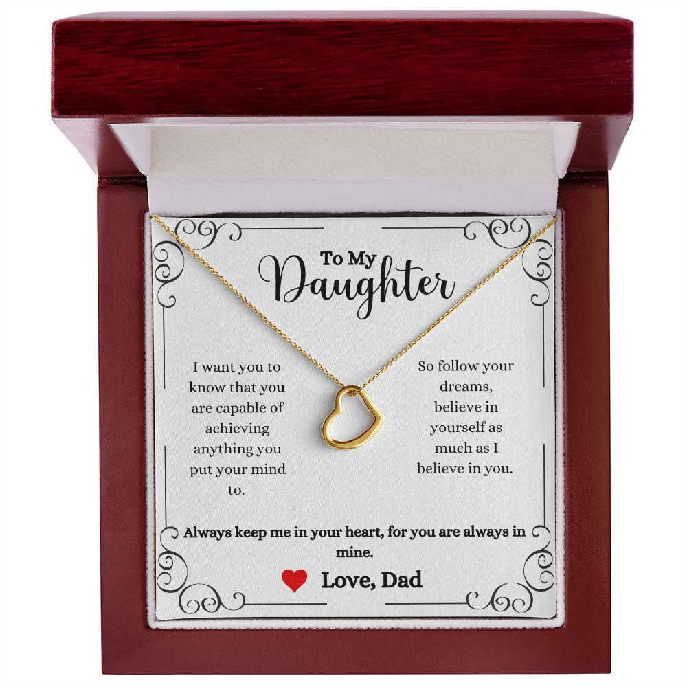 A ShineOn Fulfillment gift box with an Always Keep Me In Your Heart Delicate Heart Necklace- Gift for Daughter from Dad.