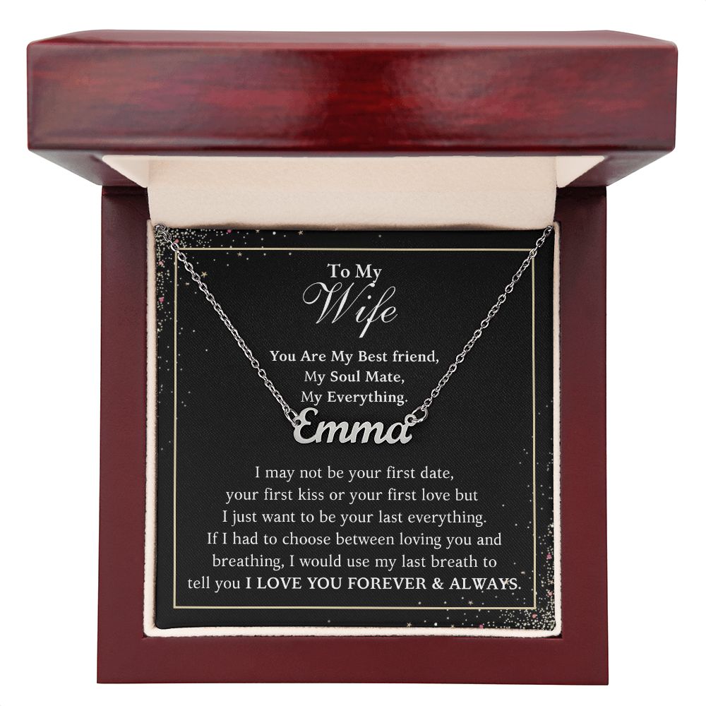 A gift box with a ShineOn Fulfillment "You Are My Best Friend Custom Name Necklace - For Wife From Husband" that says emma.
