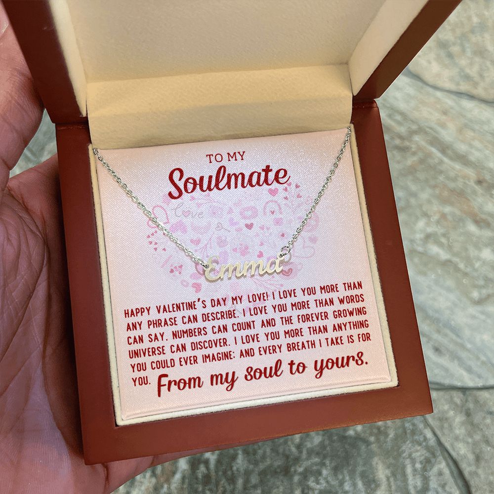 A personalized gift box featuring a versatile accessory, the "I love you more Personalized Name Necklace - For Soulmate" by ShineOn Fulfillment.
