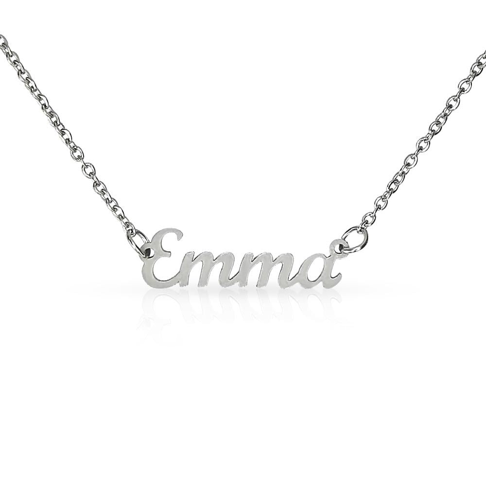 A Personalized Custom Name Necklace with No Message Card from ShineOn Fulfillment with the word emma on it.