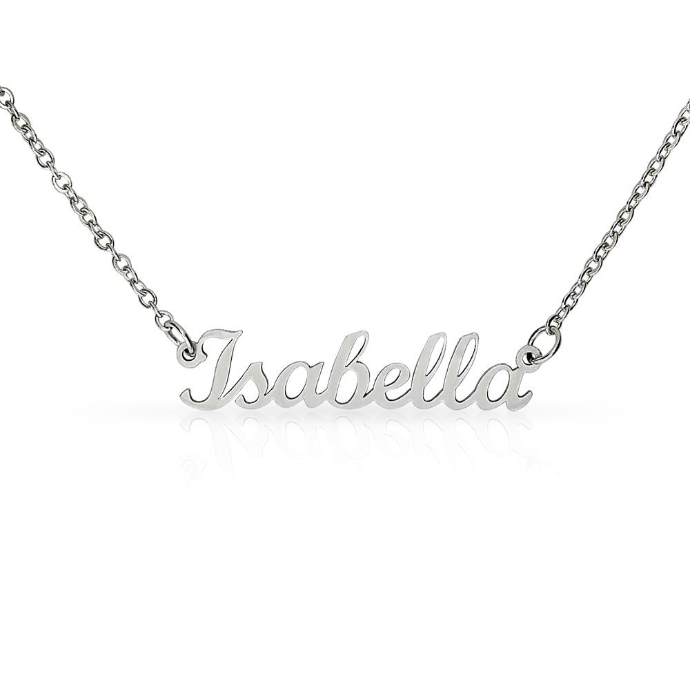 A Personalized Custom Name Necklace with No Message Card from ShineOn Fulfillment with the word Isabella on it.