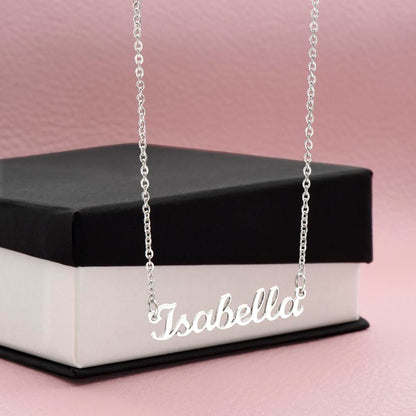 A Personalized Custom Name Necklace with No Message Card from ShineOn Fulfillment, with the word 'toobella' on it.