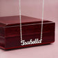 A Personalized Custom Name Necklace with No Message Card from ShineOn Fulfillment with the word 'iobella' on it.
