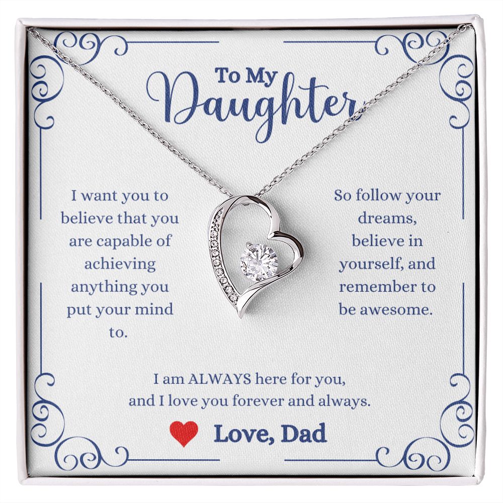 A ShineOn Fulfillment heart shaped I Love You Forever And Always Forever Love Necklace - Gift for Daughter from Dad with a message to my daughter.