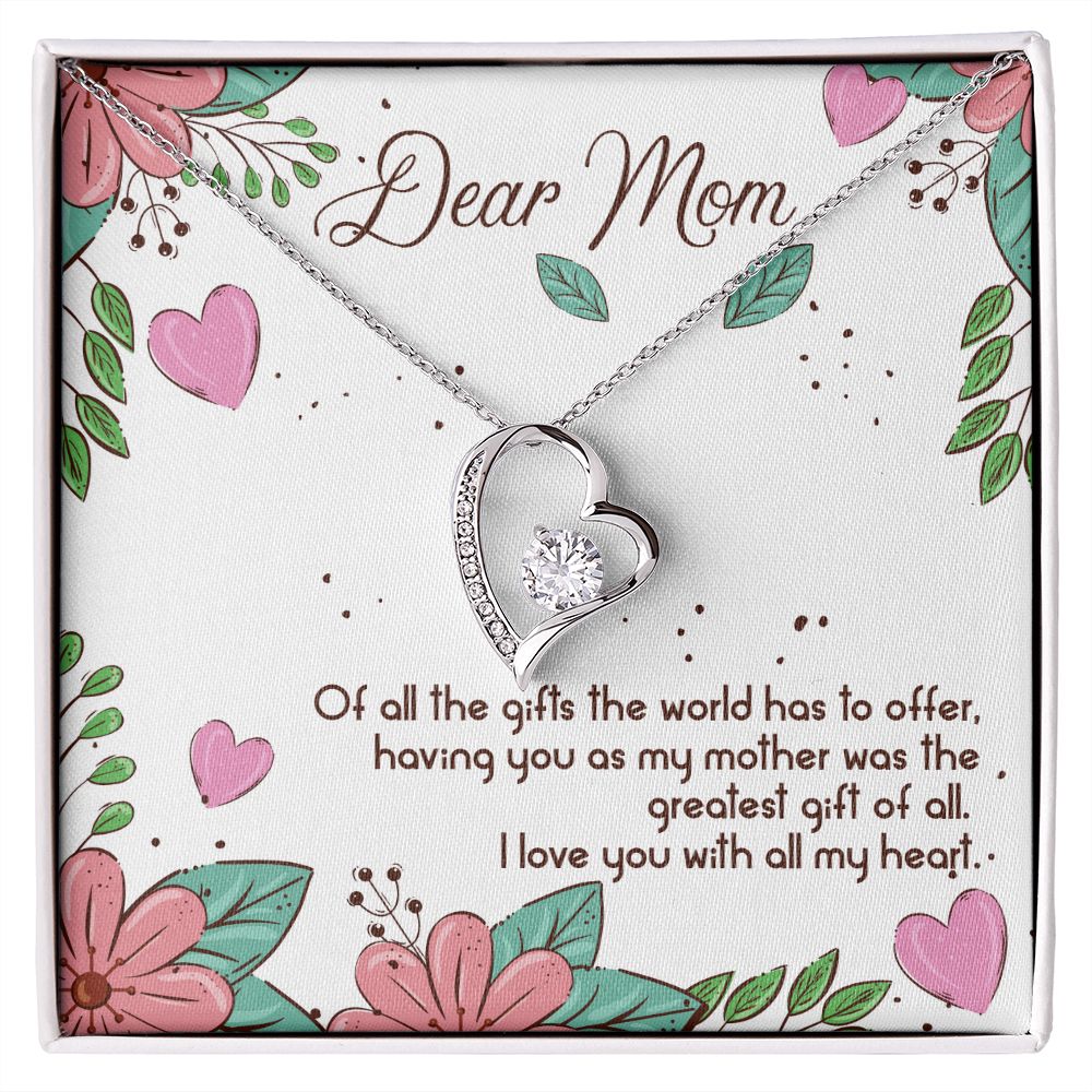 A heart shaped To Mom - The Greatest Gift of All - Forever Love Necklace with the words dear mom from ShineOn Fulfillment.