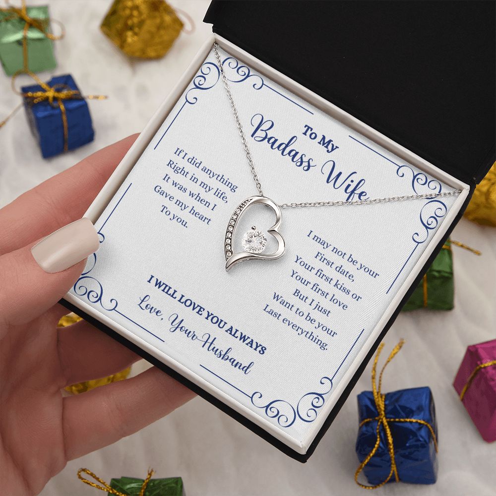 A woman is holding a gift box with the "I Will Always Be With You Forever Love Necklace - Gift for Wife from Husband" by ShineOn Fulfillment in it.