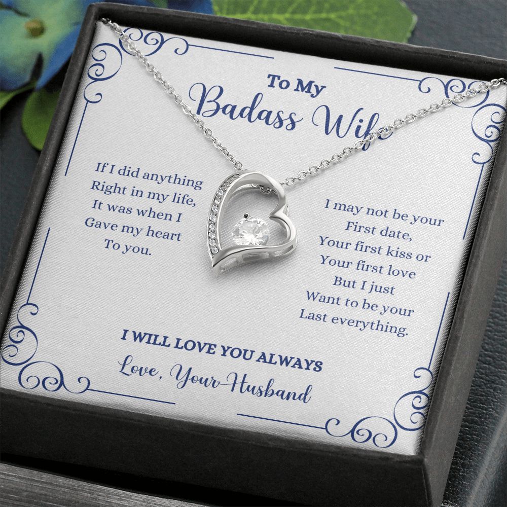 A gift box with the "I Will Always Be With You Forever Love Necklace - Gift for Wife from Husband" by ShineOn Fulfillment that says "to my badass wife".
