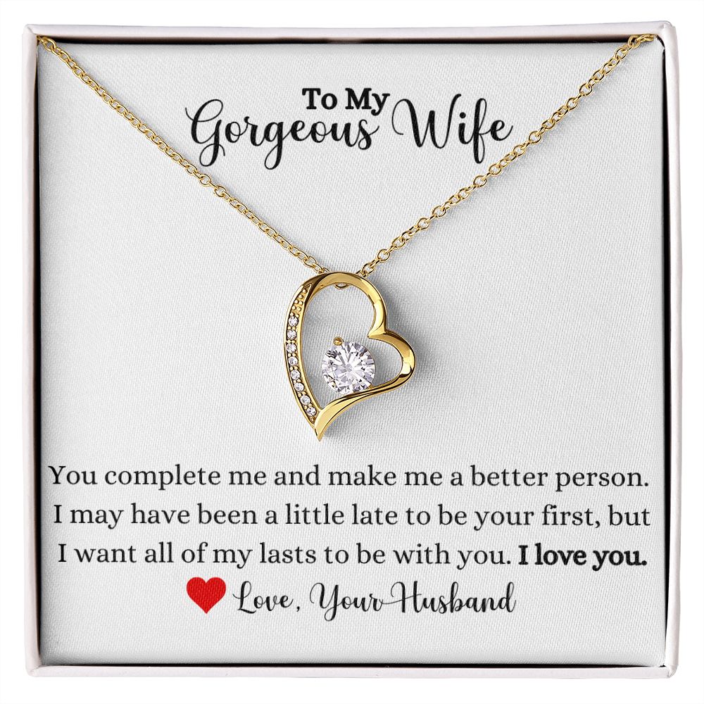 A gift box with the You Complete Me Forever Love Necklace - To Wife from Husband by ShineOn Fulfillment that says to my gorgeous wife.