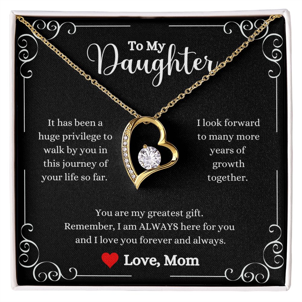 A heart shaped I Love You Forever And Always Forever Love necklace - Gift for Daughter from Mom, made by ShineOn Fulfillment with a message to my daughter.