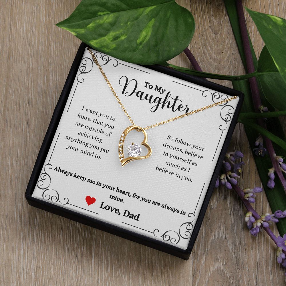A "Always Keep Me In Your Heart Forever Love Necklace- Gift for Daughter from Dad" with the brand name ShineOn Fulfillment, with the words "i love you daughter".