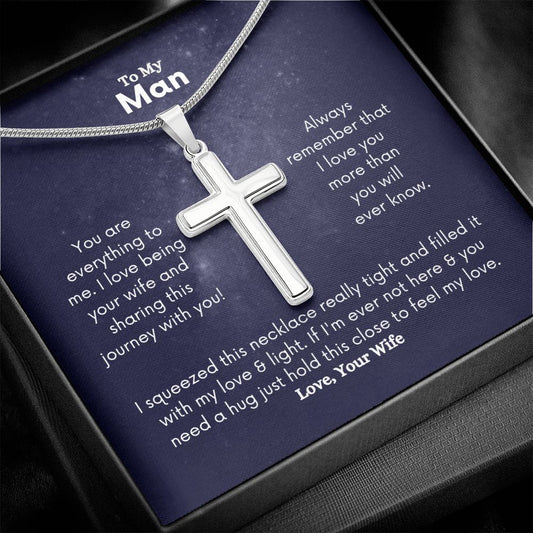 A You Are Everything To Me Artisan Cross Necklace – For Husband by ShineOn Fulfillment with a poem on it.