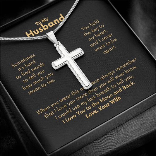 An I Love You to the Moon and Back Artisan Cross Necklace – For Husband by ShineOn Fulfillment with a poem on it.