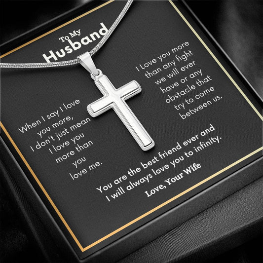 An I Will Always Love You To Infinity Artisan Cross Necklace – For Husband by ShineOn Fulfillment with a poem on it.