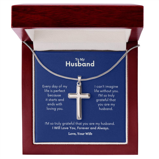 The Every Day Of My Life Is Perfect Artisan Cross Necklace – For Husband by ShineOn Fulfillment, with a poem in a wooden box.