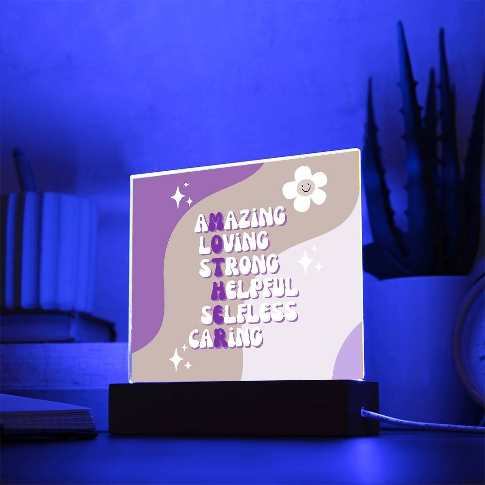 A Golden Value SG acrylic square plaque with the Amazing Loving Mother Definition on it.