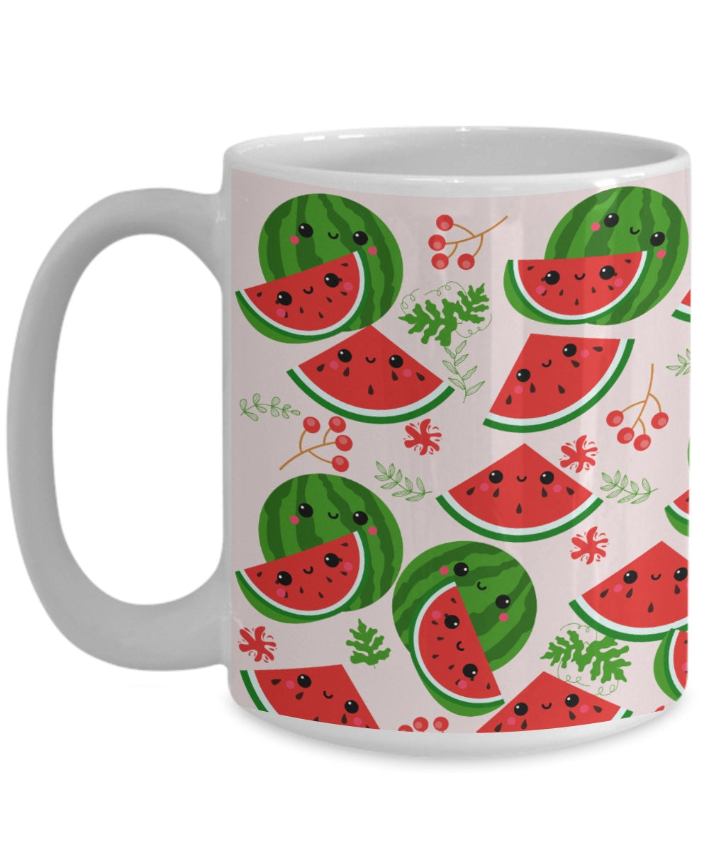 White mug with a Cute Watermelon Print on Pink Background For Watermelon Lovers, Fun Mug for Summer, perfect as a gift from Gearbubble.