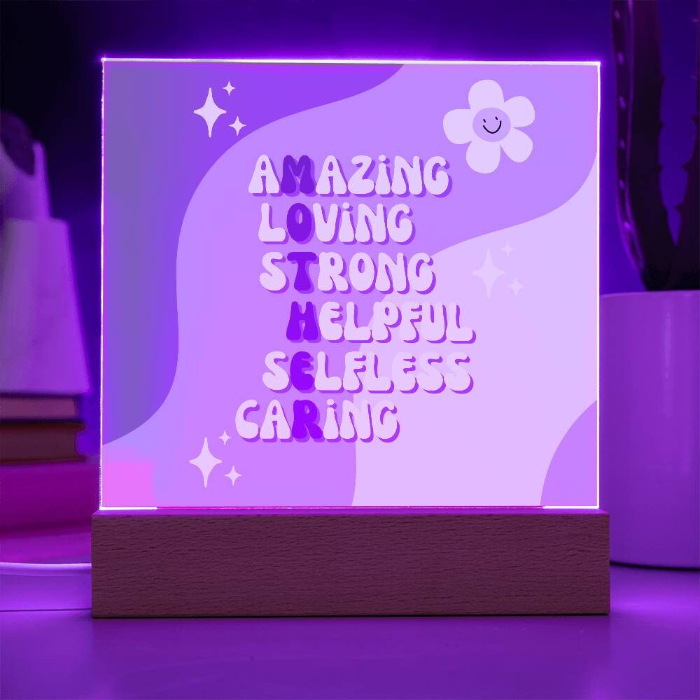A purple LED light with the Amazing Loving Mother Definition Acrylic Square Plaque by Golden Value SG on a plaque.