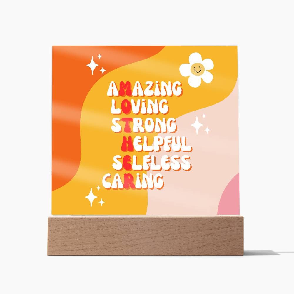A Golden Value SG acrylic square plaque with the words 'amazing loving strong fearless mother calling'.