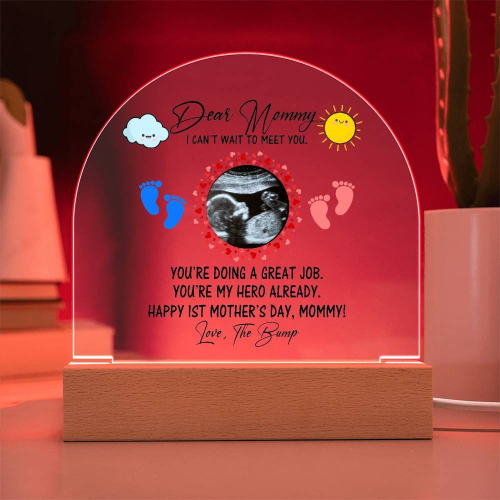 A picture of a Personalized Acrylic Plaque For Expecting New Mom - Dear Mommy, I can't wait to meet you, a heartwarming gift for an expecting mother on her first Mother's Day by Golden Value SG.