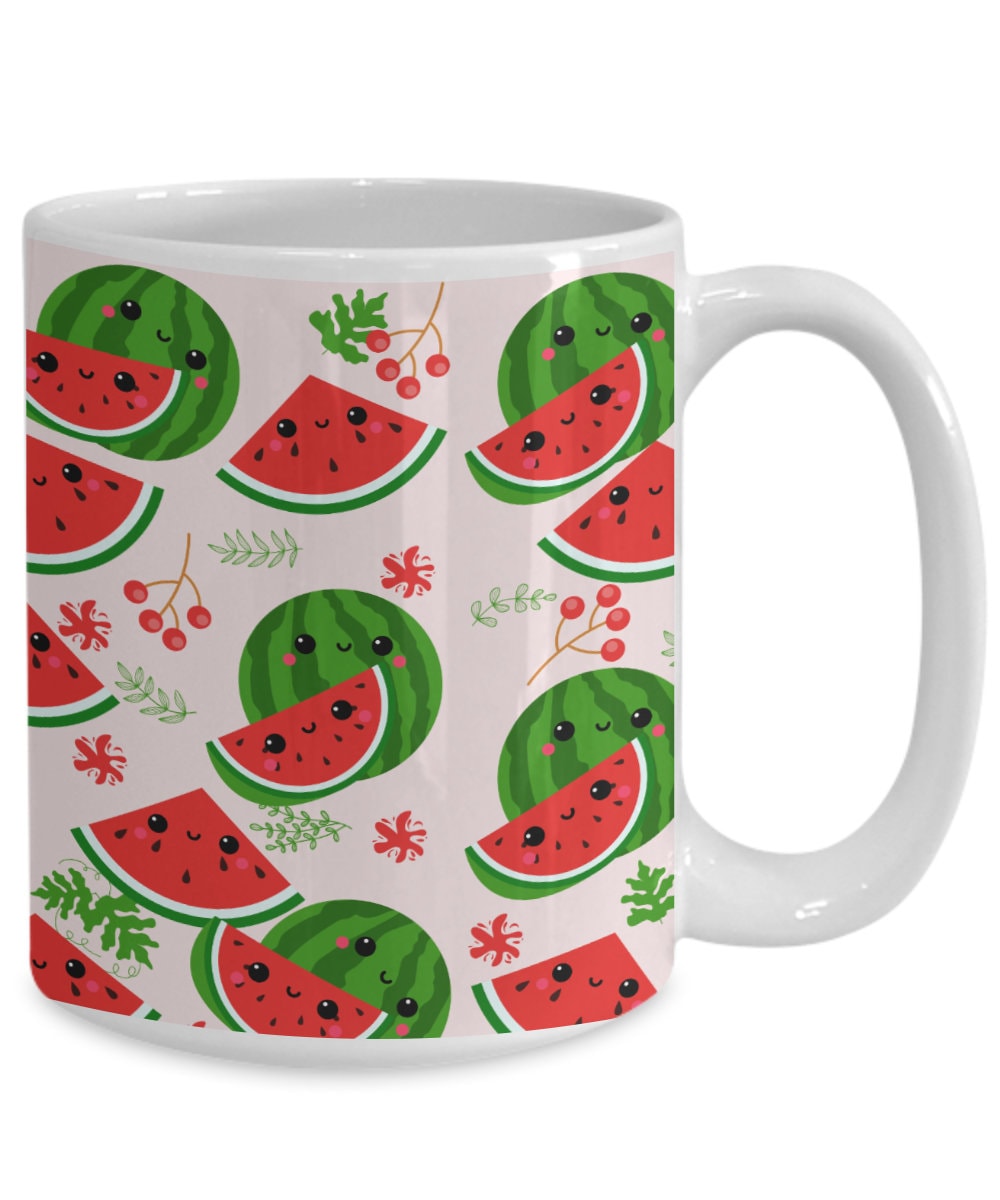 Gift the Cute Watermelon Print Mug on Pink Background For Watermelon Lovers by Gearbubble, with watermelon slice pattern and greenery.