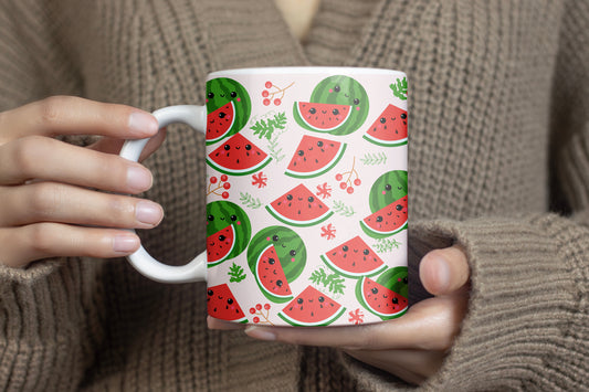 Person holding a Gearbubble Cute Watermelon Print Mug on Pink Background For Watermelon Lovers, Fun Mug for Summer, received as a gift.