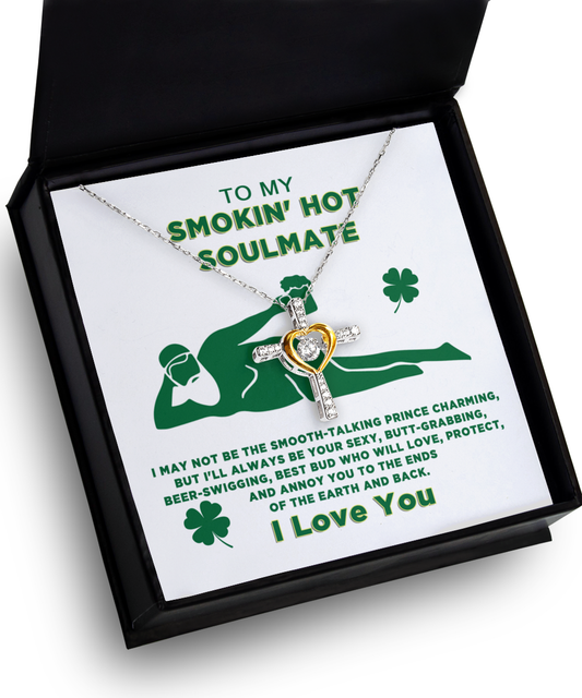 A To My Soulmate, Always Be Your, Cross Dancing Necklace with a shamrock on it, adorned with AAAA Cubic Zirconia by Gearbubble.
