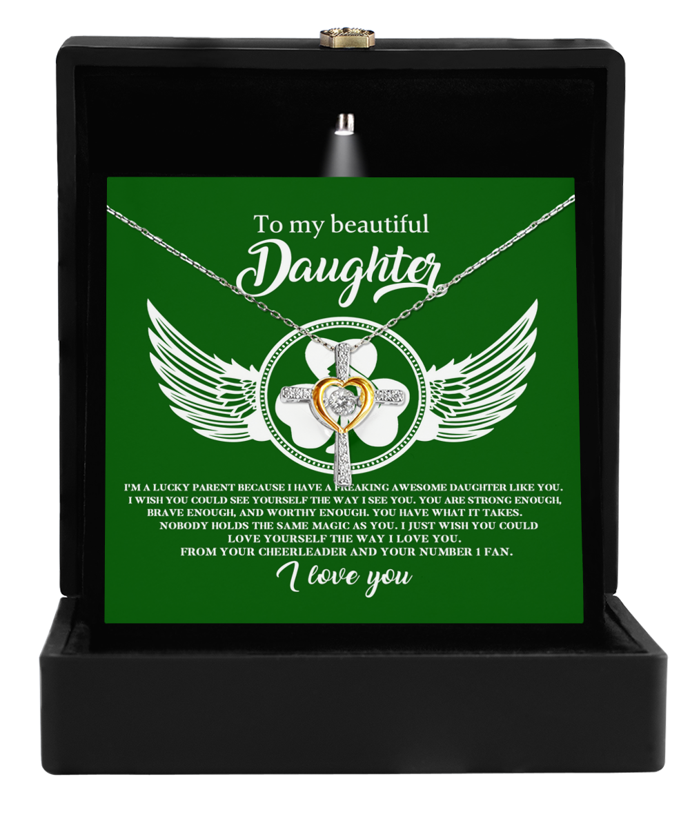 A To My Daughter, Lucky Parent - Cross dancing necklace by Gearbubble with wings in a gift box.