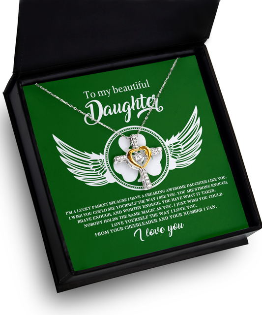 A gift box with a To My Daughter, Lucky Parent - Cross dancing necklace by Gearbubble for a daughter.