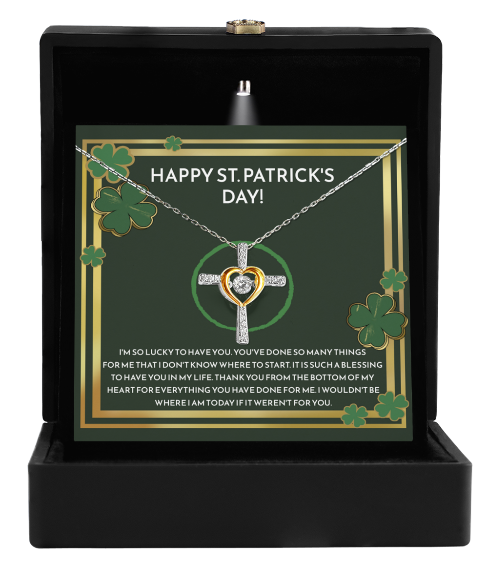 A Happy St. Patrick Day, I'm So Lucky - Cross Dancing Necklace in a Gearbubble box.