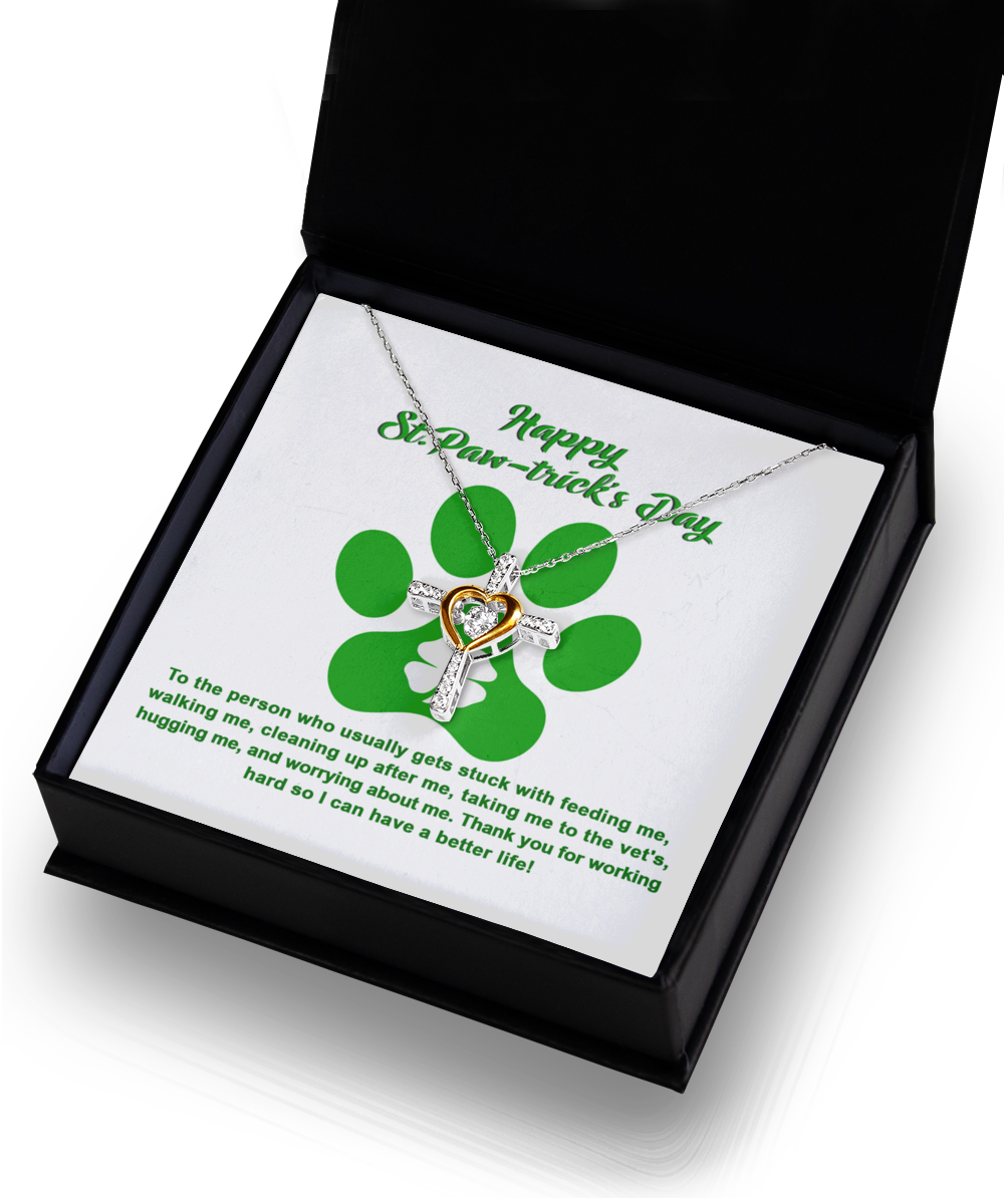 A happy Gearbubble St. Patrick's Day sterling silver necklace with a paw print.