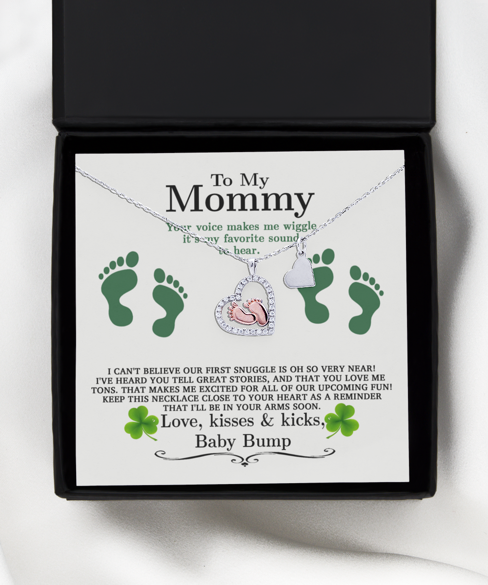 To my mommy, "To My Mommy, Great Stories - Baby feet necklace" with shamrock, shamrock, shamrock.