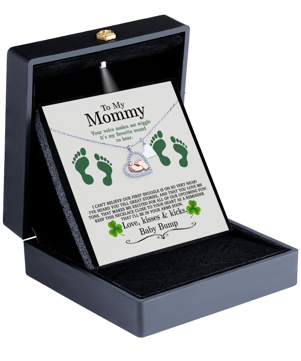 A Gearbubble To My Mommy, Great Stories - Baby feet necklace with a shamrock in a box.