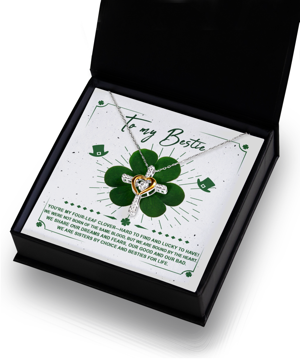 A To My Bestie sterling silver shamrock necklace by Gearbubble in a box with a Lucky To Have shamrock on it.