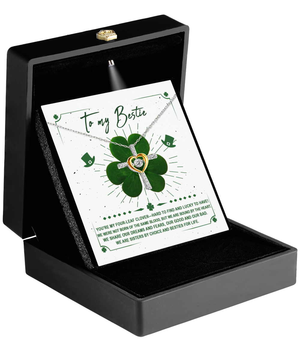 A To My Bestie Lucky To Have Cross Dancing Necklace in a Gearbubble box with a shamrock on it.