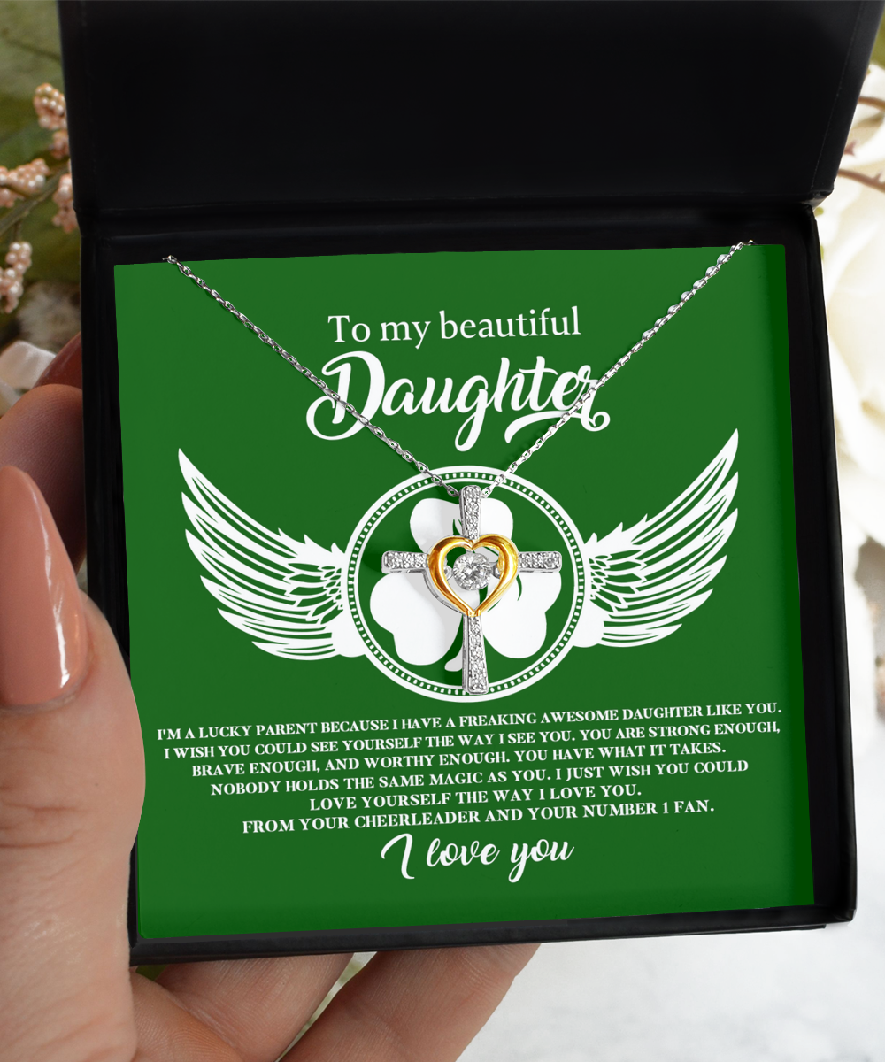 A Gearbubble sterling silver shamrock necklace with a message to my beautiful daughter.
